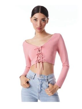 Alice + Olivia SHAREE Dusty Pink Lace-Up Long Sleeve Crop Top
